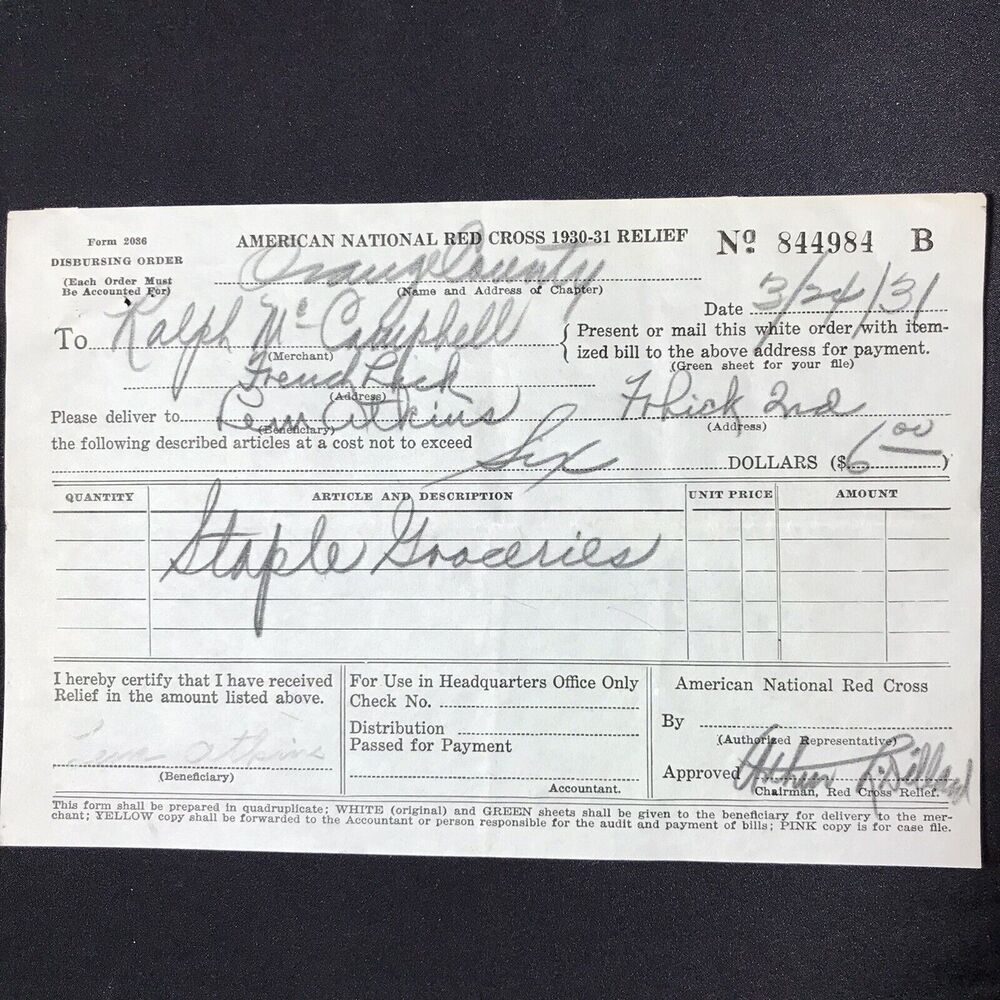 Ephemera American National Red Cross‎ Relief 1931 Orange County Indiana